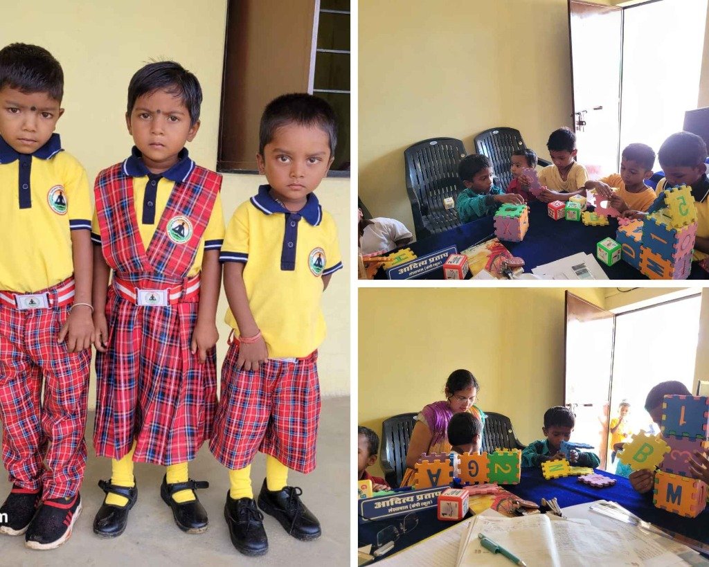 Early childhood education: Primary students learning with alphabet and number blocks.